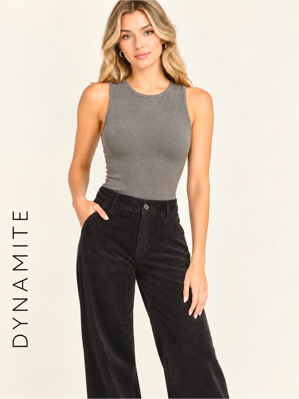 🩶Dynamite Ribbed Snap-Bottom Bodysuit in Grey